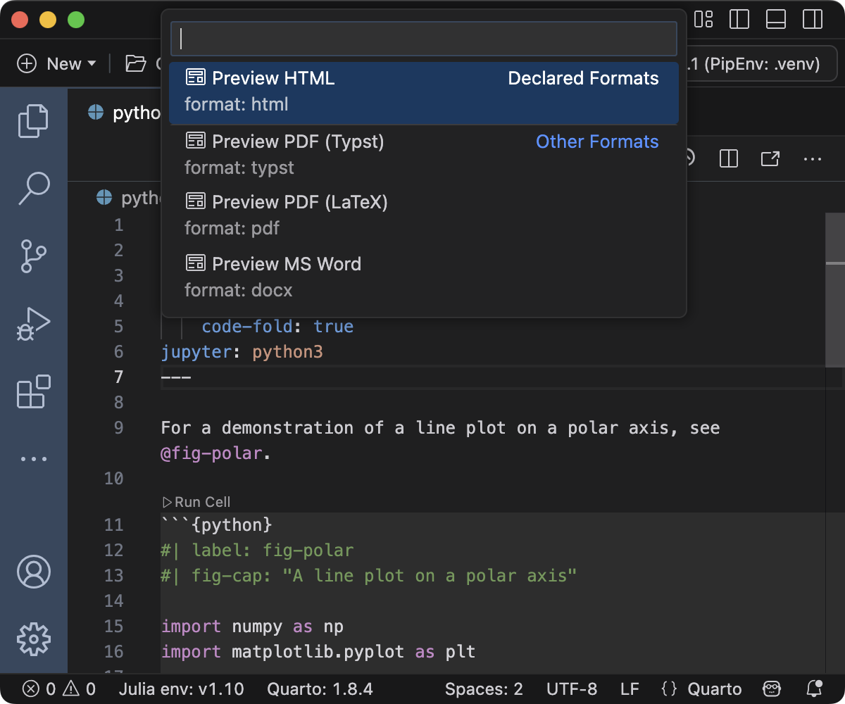 The top of the Positron editor. The command pallette shows a quick pick list of available formats to preview.