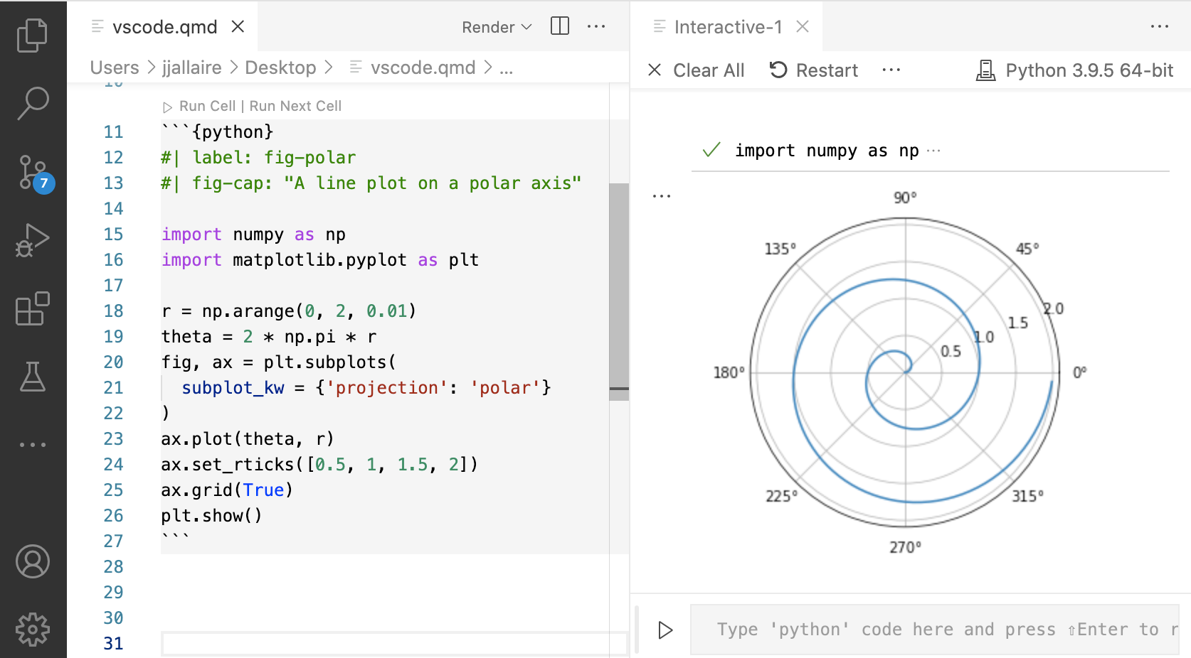 VS with two panes open, source code on the right, and the interactive output of that code shown in a second pane on the left.